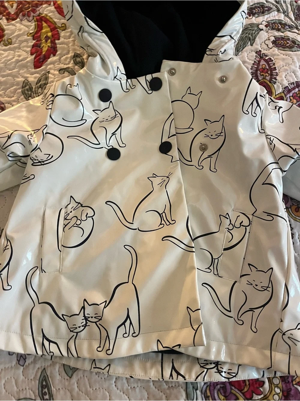Jacadi Paris Girls Raincoat Jacket White Size 12M Cat Graphics Hoodie